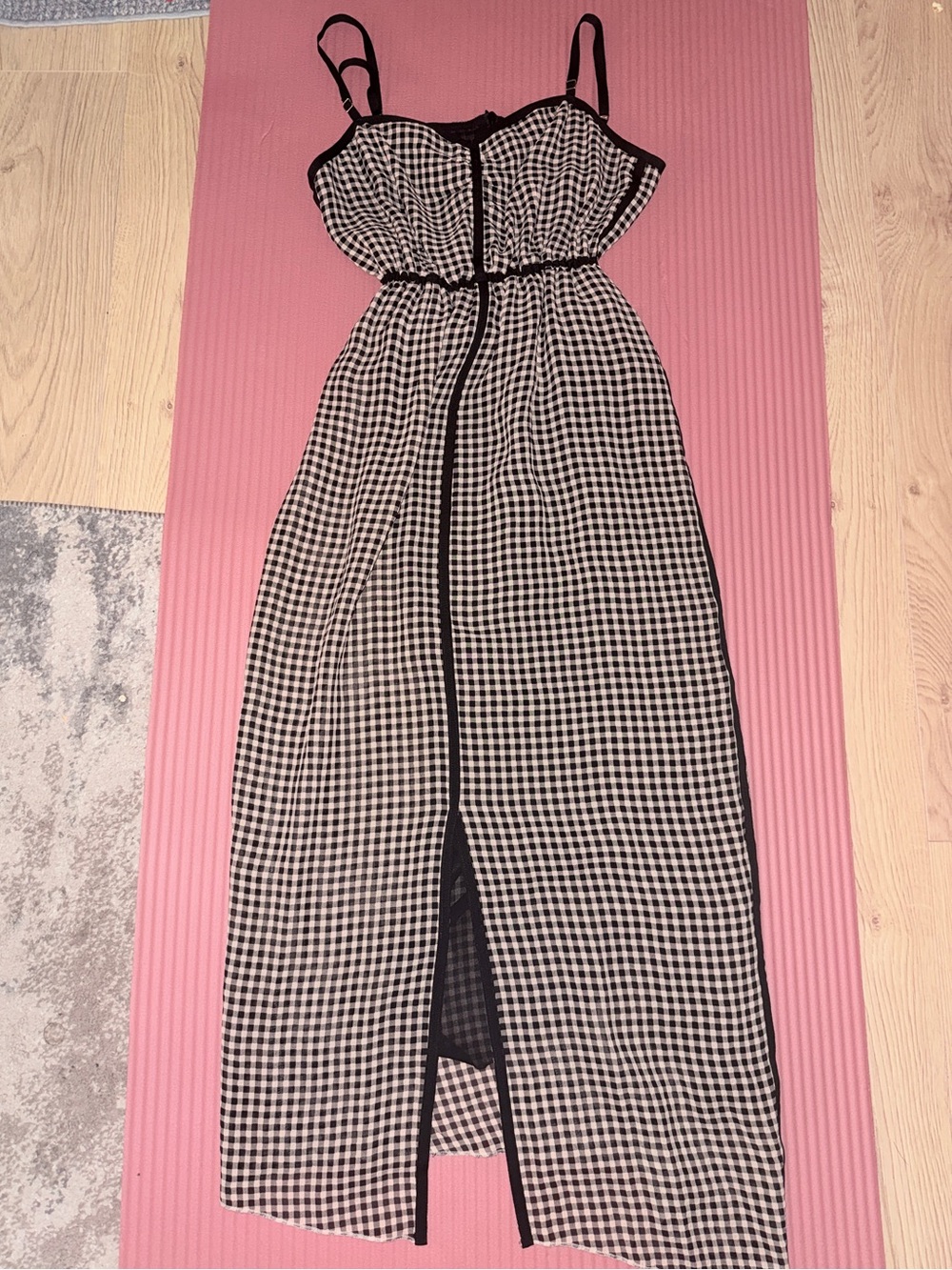 Nanushka Abir Midi Dress in black and tan gingham with front split size 6